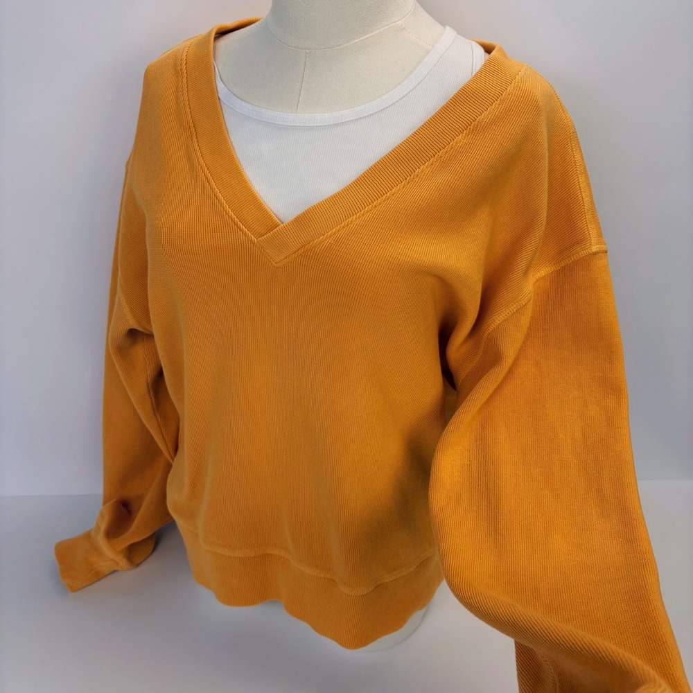 American Giant Waffle V-Neck Sweater Sweatshirt S Cotton Apricot Mustard USA